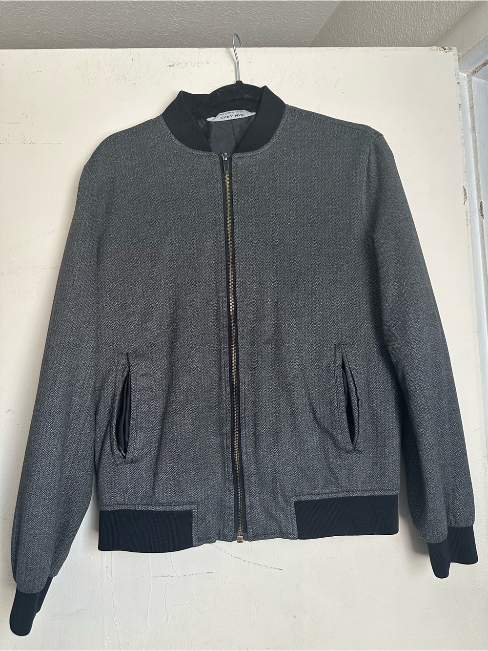 Men's Gray Bomber Jacket with Black Trim